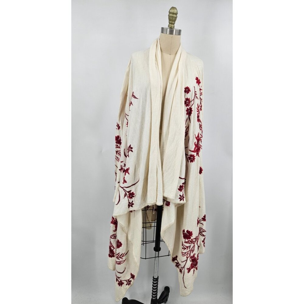 Biya Johnny Was Red Floral Embroidered Open Sweater Womens S Kimono Cardigan LS